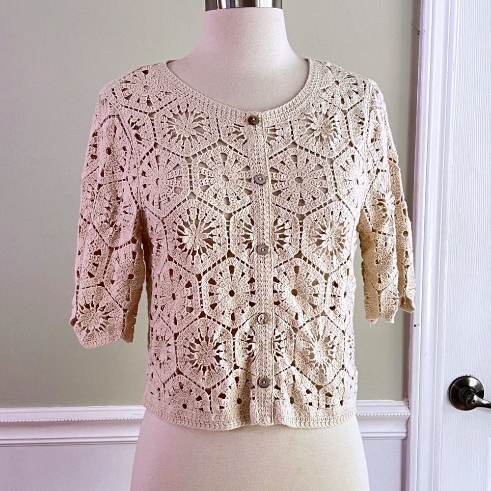 Max Crochet Cardigan S/M Womens Boho Floral Open Knit Ivory Summer Cottagecore